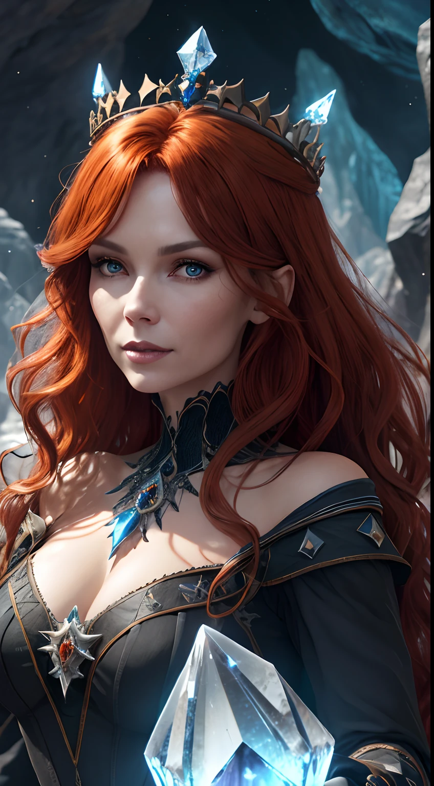 (absurdres, highres, ultra detailed), 1woman, mature female, aged up, wavy long hair, auburn hair, coral eyes, bangs, long sleeves, finely detailed eyes and detailed face, extremely detailed CG unity 8k wallpaper, intricate details, (style-swirlmagic:1.0),  looking at viewer, solo, upper body, detailed background, close up,  detailed face, (gothic dark ages theme:1.1), crystal sorcerer,  dynamic pose, earth themed clothes, crystal crown,  floating in the air, glowing magical shards, surrounded by blue magical crystals,  rock formations, stalactites,  magical floating particles, crystal glass,  crystal sphere, crystal canyon background, (shallow water:0.7),  epic ethereal atmosphere,   updraft,, portrait
