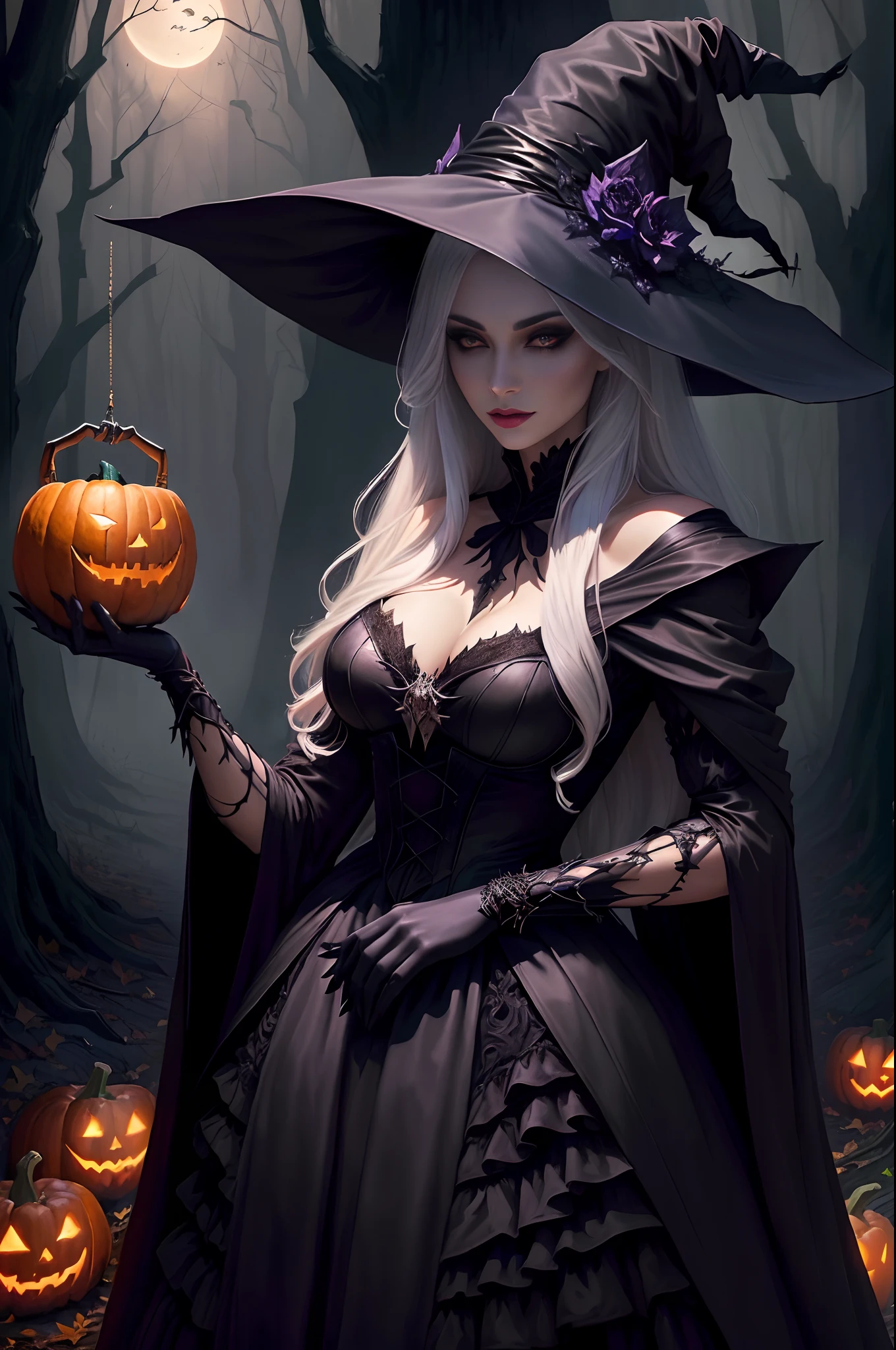 Witch holding pumpkins and bats in the forest at night, halloween art style, evil sorceress witch, Dark Witch, beautiful female witch, classical witch, dark witch character, witch, beautiful female witch, fashionable dark witch, castlevania witch, beautiful witch spooky female, dark fantasy style art, halloween night, supervillain sorceress witch