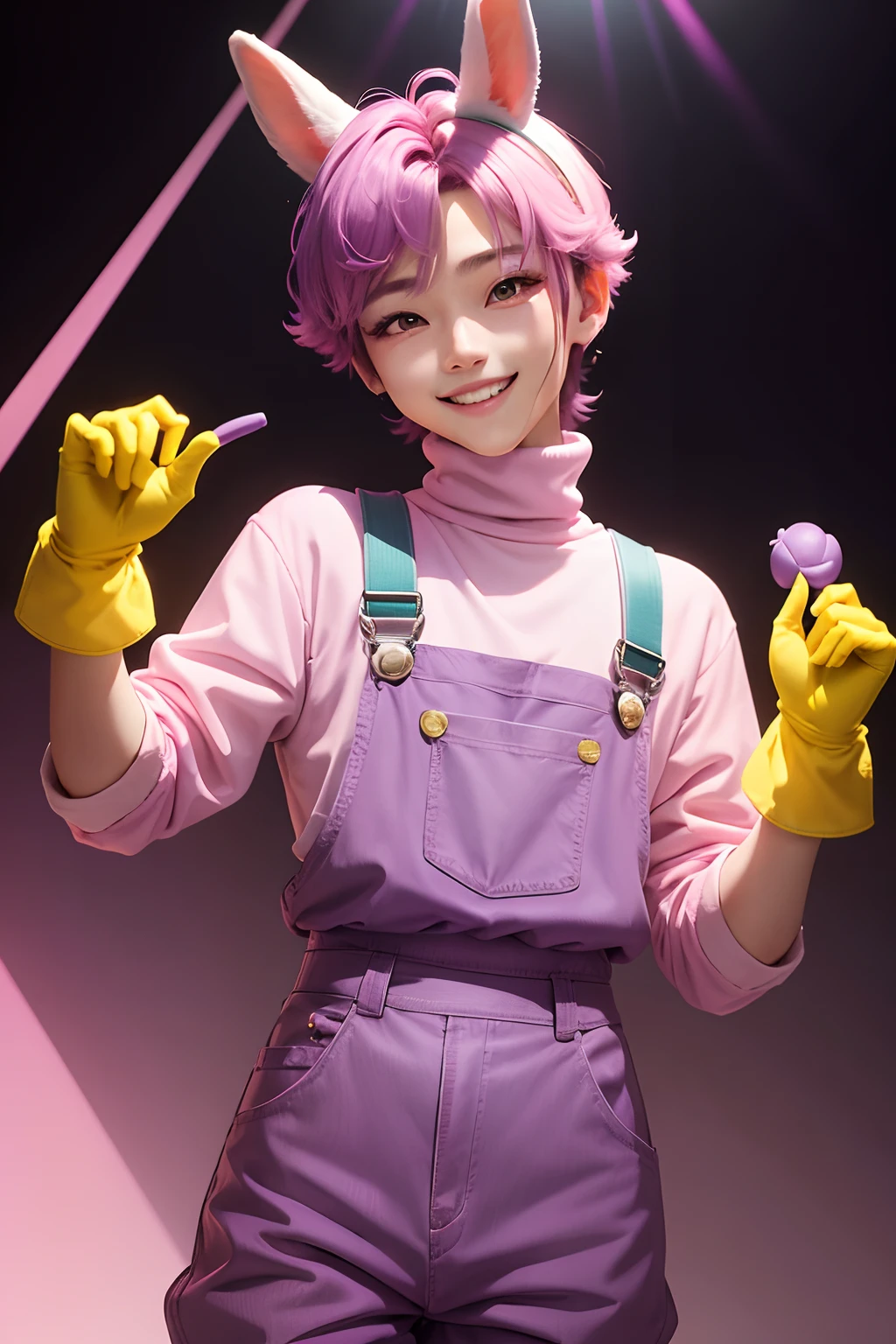 kpop boy wearing a soft purple turtle neck outfit, with a pink fuchsia-colored overalls , yellow gloves, smile with teeth, purple rabbit ear, smirk rizz face