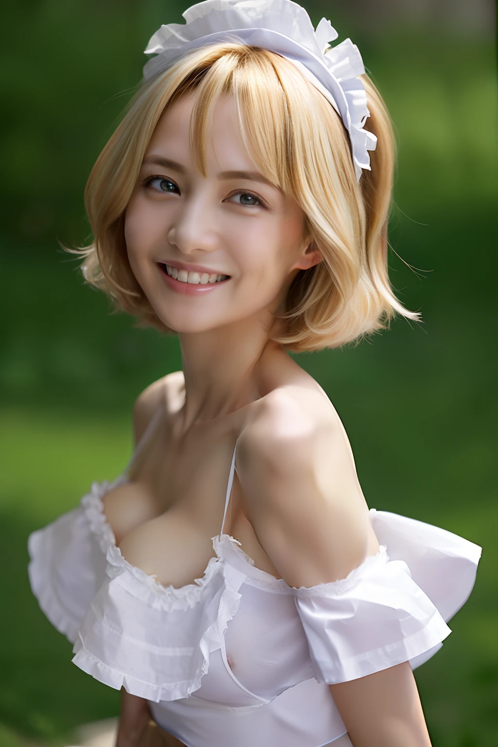 ((top-quality、8K、masterpiece:1.3)),Clear, Fine-grained skin、Beautiful clear eyes、cleavage of the breast、(Backshots:1.5)、Carefree and natural smile、(Medium bob,blondehair:1.5)、(Hair disheveled in the wind:1.3)、(Cute maid with frills:1.5)、Beautiful girl with a smile、Citizen Pool、(thin-waist:1.3)、(Dynamic and provocative poses:1.2)、