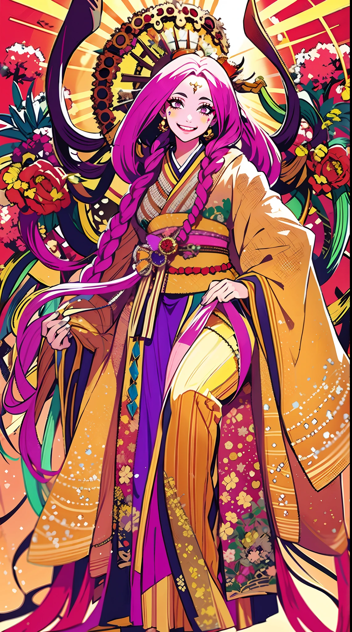 Beetle Juice, Official Art, 1girl , Solo, (Prank, Fantasy Scene, Demon), (Zen Entanglement, Mandala, Tangle, Entanglement:0.6), (Demon, Semi-Real, Demon, Shiny Skin, Textured Skin), Holographic Eyes, Heterochromatic, Purple Eyes, Striped Jacket, Striped Shirt, Bicolor Hair, Striped Hair, Multicolored Hair, Red Hair, Green Hair, Wild Hair, Evil Scene, Teeth, Side Lighting, Ray Tracing, Depth of Field, Solo, Extreme Light and Shadow, Masterpiece, Post-apocalyptic rich detail, (detailed eyes), (handsome) detailed, (dirt spots), (horror theme), (beetle juice), detailed eyes, (straight to the point), (masterpiece), (best quality), (super detailed), (best illustration), (best shadow), edge lighting, beetle juice, ((beetle juice)), crazy smile, crazy expression,asu. She is depicted wearing a stunning ensemble, consisting of golden armor and an elegant pink kimono. The golden armor is intricately designed with exquisite details, adorned with delicate patterns and engravings that catch the light and create a mesmerizing effect. The pink kimono complements the golden armor and adds a touch of femininity to her powerful presence.stands tall and confident, emanating an aura of divine grace. Her flowing hair is beautifully rendered, with every strand carefully sculpted to perfection. Her eyes, delicately detailed and captivating, reflect a serene and wise gaze that captivates the viewer. Her lips, meticulously crafted, feature a gentle smile that exudes warmth and tranquility. As the centerpiece of the artwork, surrounded by a divine sun halo, symbolizing her celestial nature. The halo emits a soft, radiant glow, illuminating her with ethereal light. Her presence evokes a sense of awe and reverence, as if she possesses the power of the sun itself. The composition of the artwork is masterfully executed, with attention to every minute detail. The background features a serene garden, bathed in warm, golden hues. Blossoming cherry trees add a touch of natural, fullbody,feet,