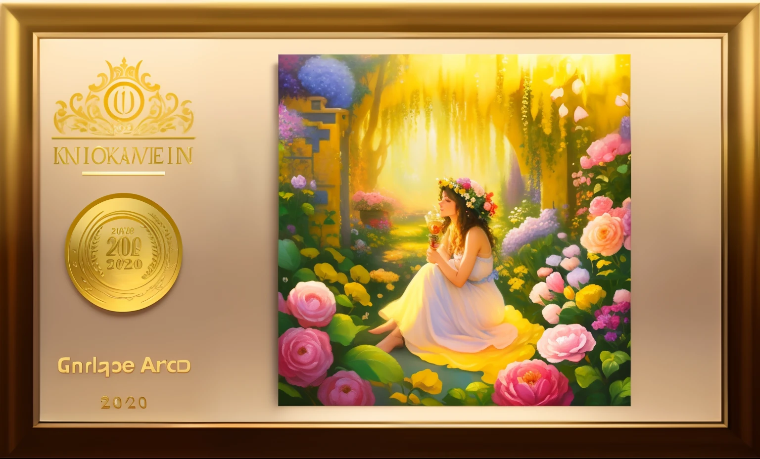 a woman sitting in a garden of flowers with a gold medal, 2 0 2 0 award winning painting, kinkade. award winning, award winning fantasy art, 2 0 2 1 award winning painting, 2021 award winning painting, inspired by Josephine Wall, award-winning fantasy art, award-winning digital art, award - winning digital art