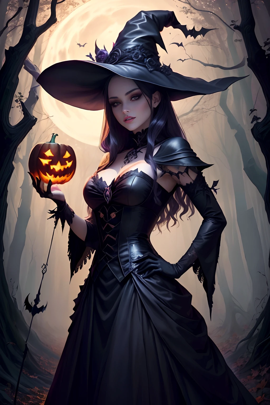 Witch with pumpkin and bat in the forest at night, halloween art style, evil sorceress witch, Dark Witch, beautiful female witch, classical witch, dark witch character, witch, beautiful female witch, fashionable dark witch, castlevania witch, beautiful witch spooky female, dark fantasy style art, halloween night, supervillain sorceress witch
