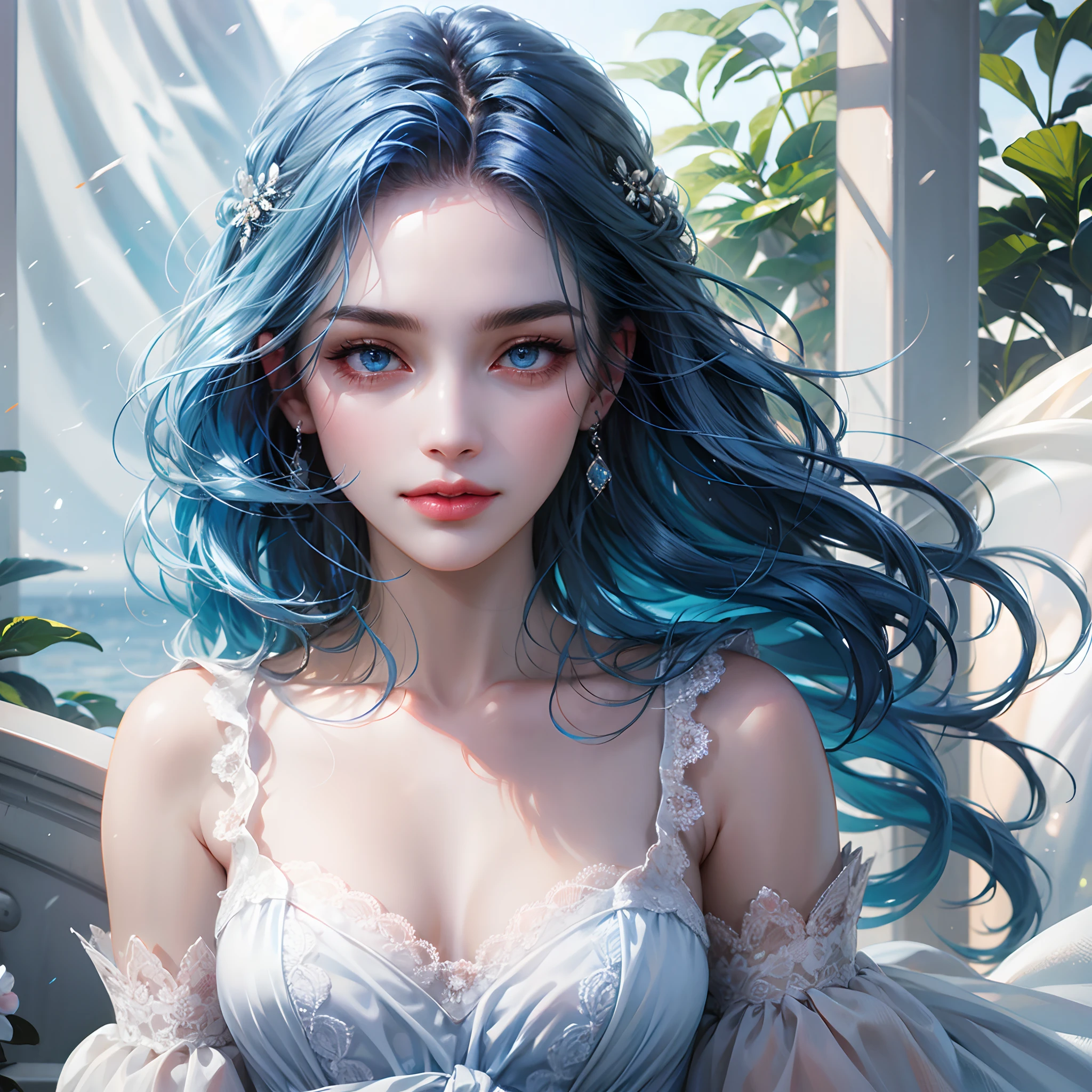 a women, blue hair, blue eyes, white dress
