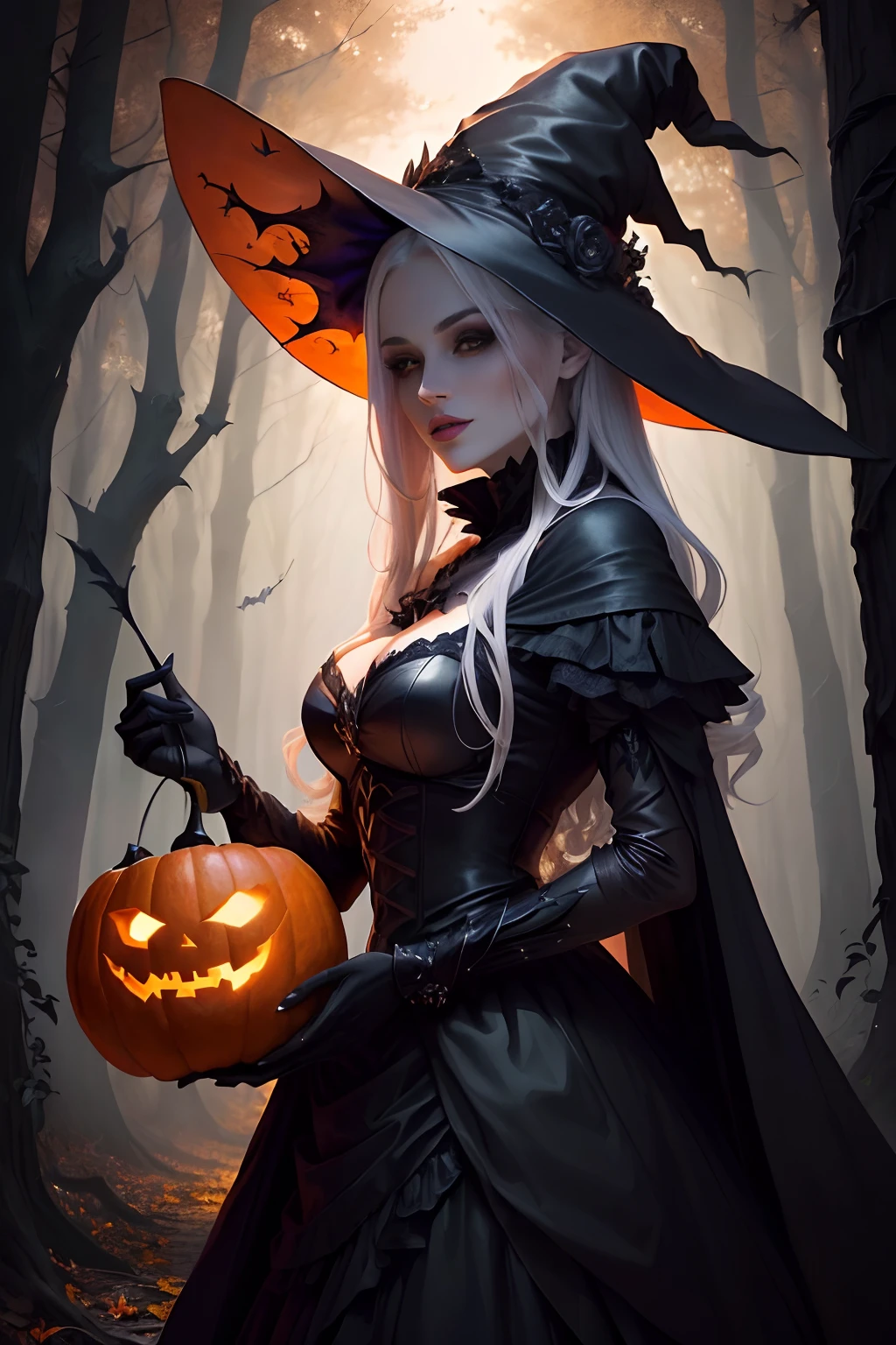 Witch with pumpkin and bat in the forest at night, halloween art style, evil sorceress witch, Dark Witch, beautiful female witch, classical witch, dark witch character, witch, beautiful female witch, fashionable dark witch, castlevania witch, beautiful witch spooky female, dark fantasy style art, halloween night, supervillain sorceress witch