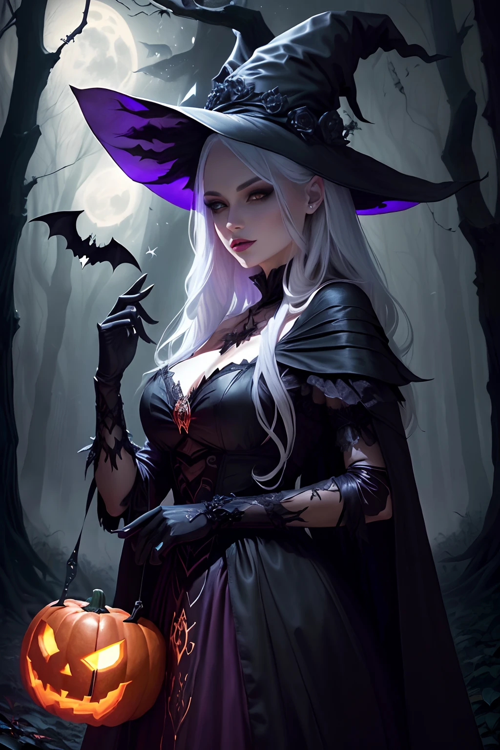 A Woman In A Witch Costume Holding A Pumpkin In A Forest SeaArt AI A Woman In A Witch Costume Holding A Pumpkin In A Forest SeaArt AI