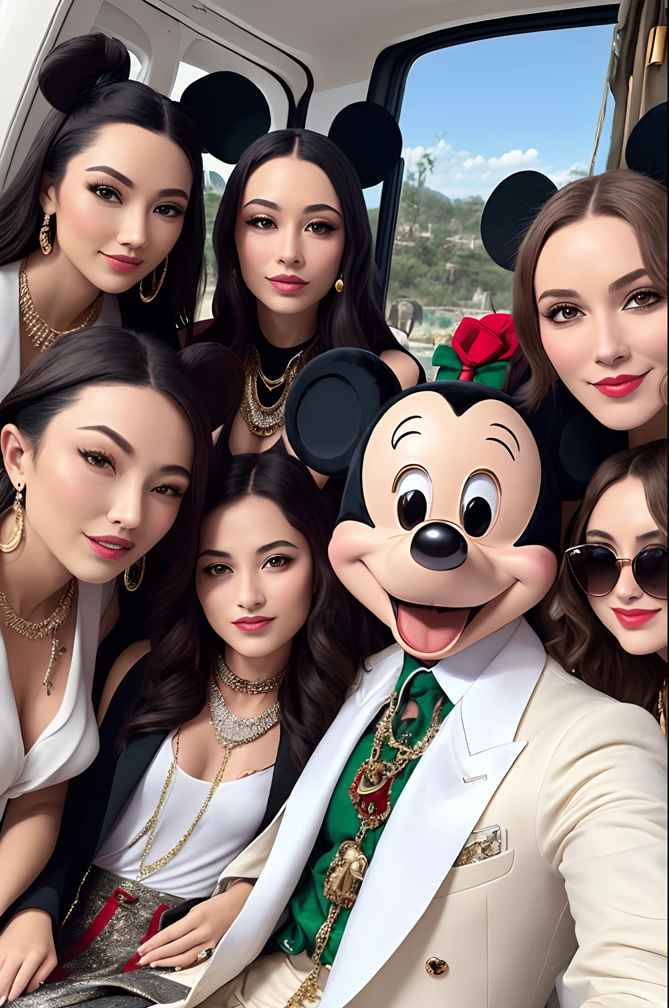 Mickey mouse in an expensive cloth made from Gucci and with diamond chains by his Tesla car with ladies around him enjoying life