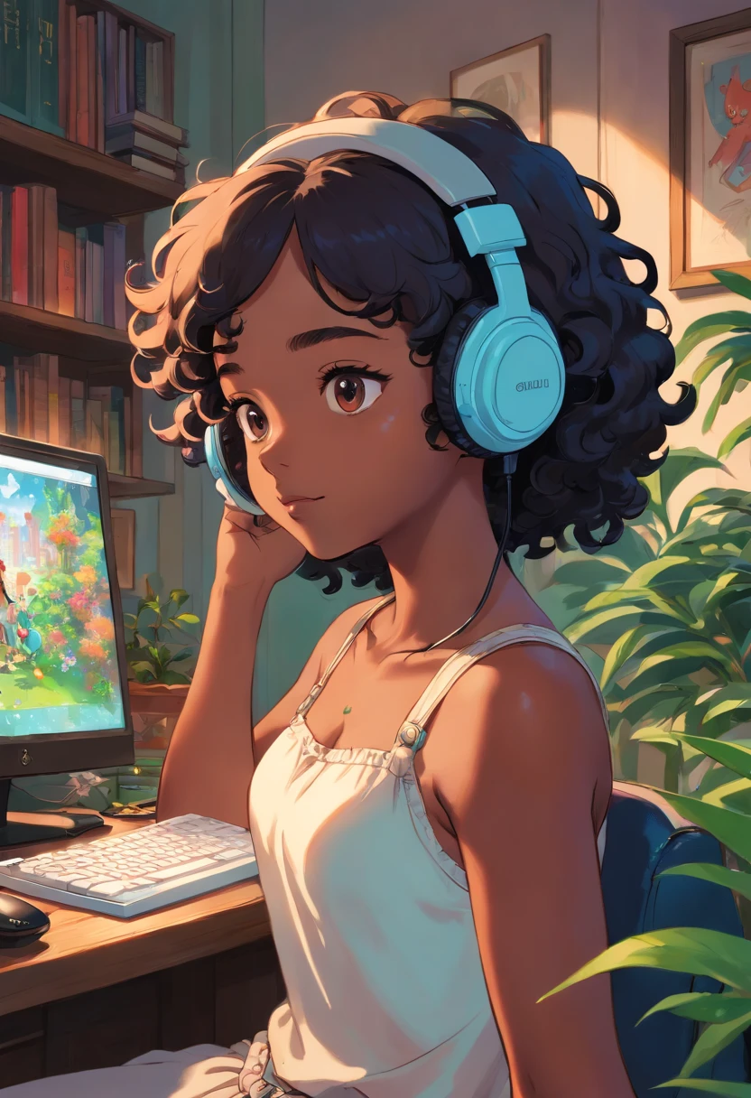 black girl with short curly wearing a gaming headset. she’s playing a game on her gaming pc. her room is cozy with lots of books and plants. she’s wearing corset outfits. She have a sad facial expression.