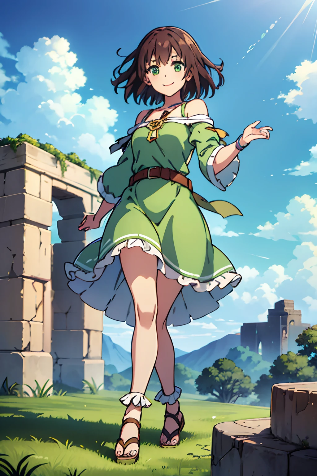 1girl, brown hair, green eyes, fantasy world, ruins, fort, beautiful sky, shining sky, sunshine, smiling, waving, frilly socks, sandals, belts, wristband, ribbon choker, wind blowing dress, lace dress, off-shoulder sleeves, two hands, perfect fingers, five fingers