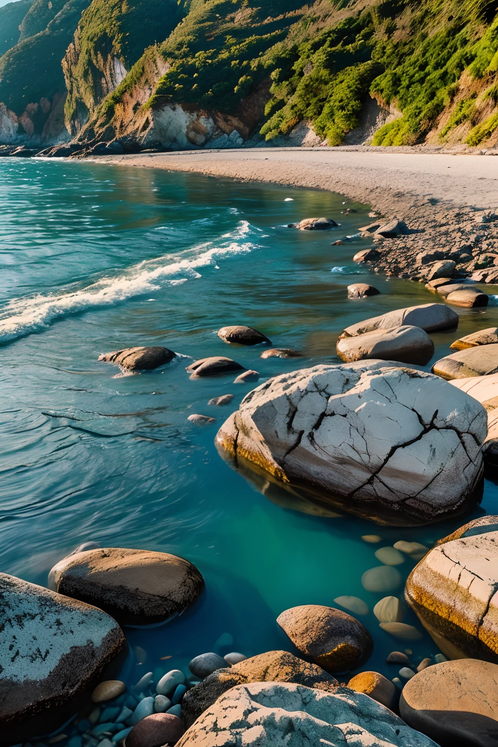 The place where the river flows into the sea, Rocky beach, pebbles, Sunny day