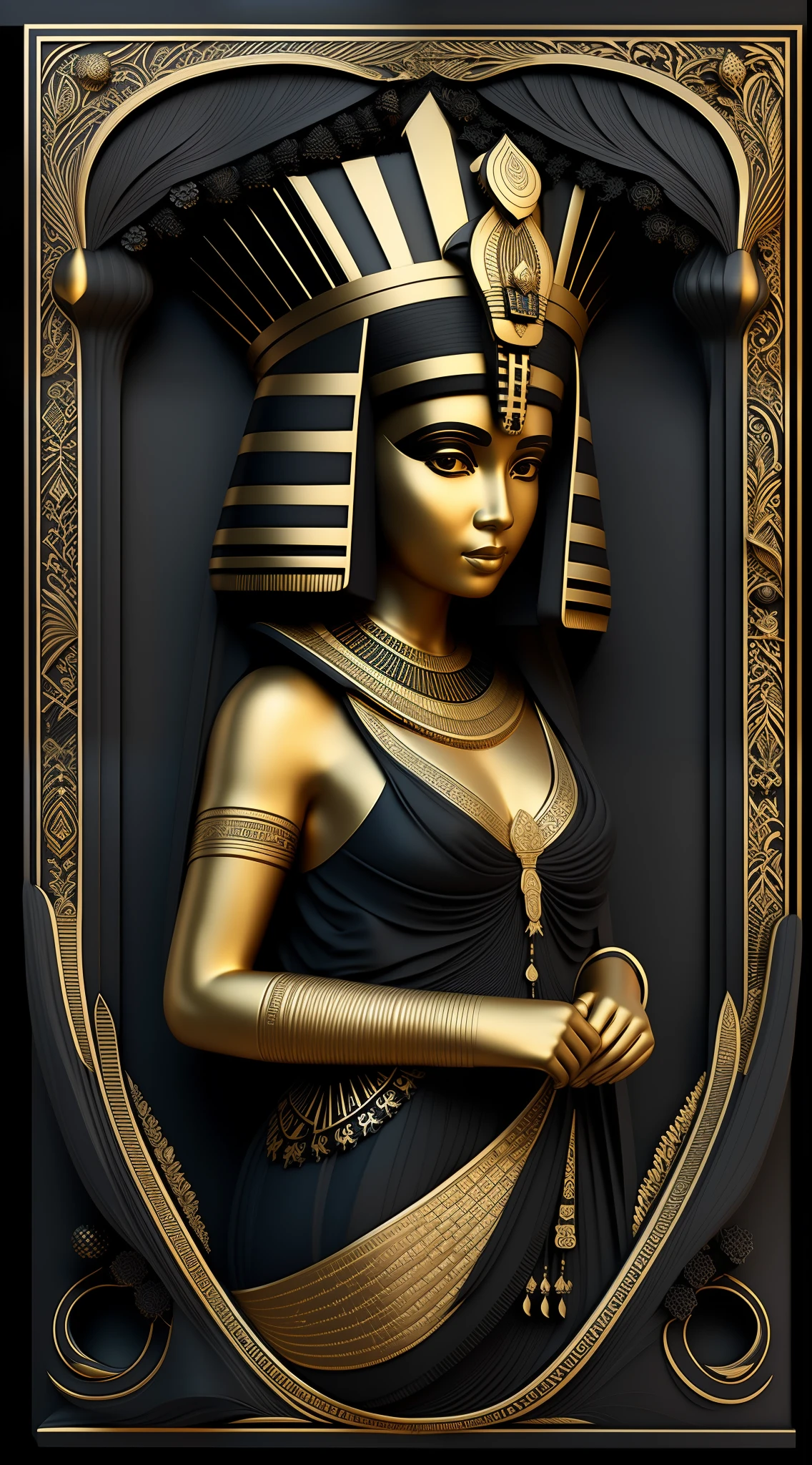 black gold, cleopatra portrait, wearing an egyptian crown, beautiful cleopatra, egyptian princess, full body, looking away, intricately carved, matte black, gilding, volumetric shadows, artificial patterns, with a decorative intricate border around, matte black and gold ornament, very highly detailed digital art, a 3D render, 16K