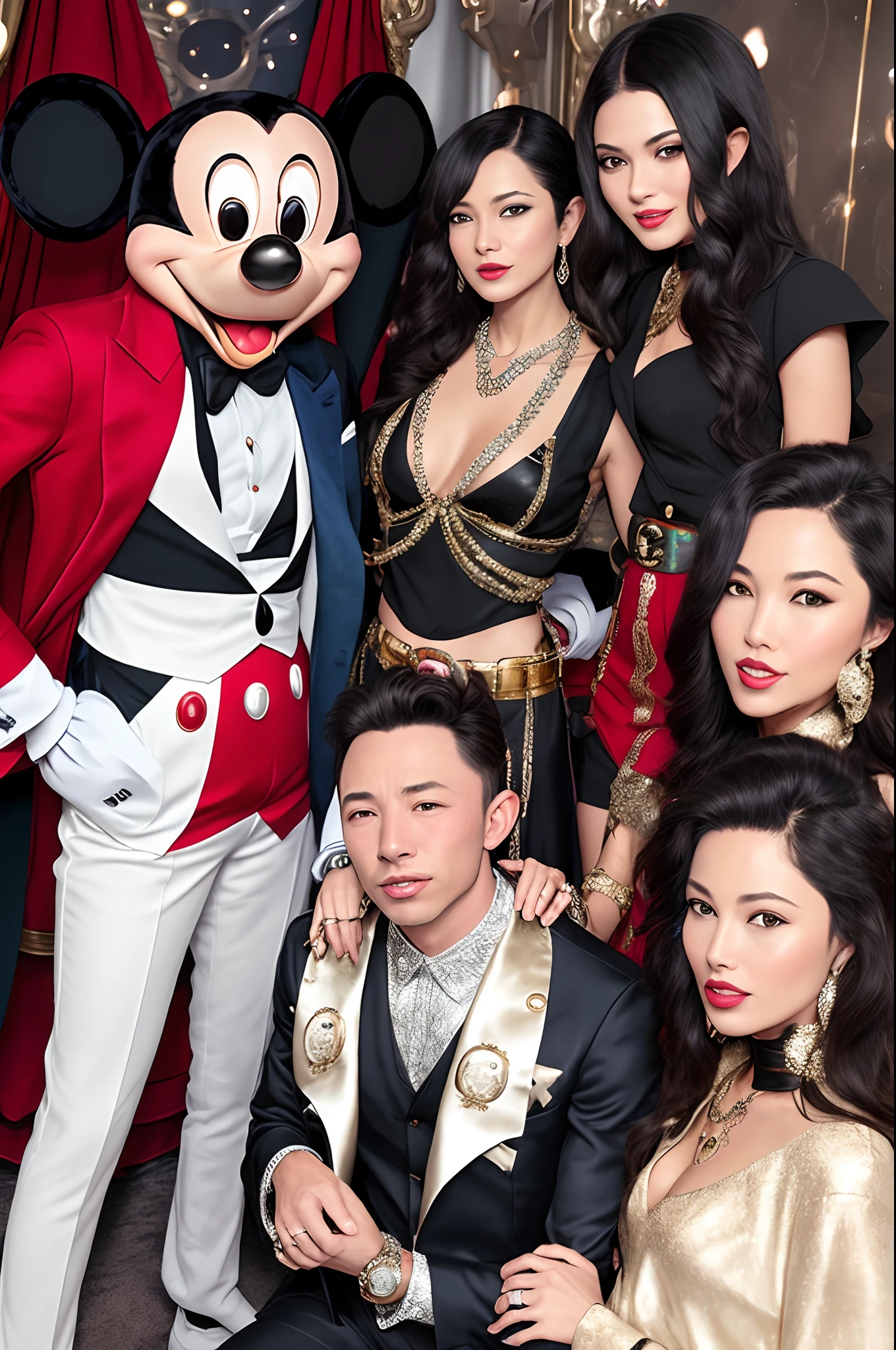 Mickey mouse in an expensive cloth made from Gucci and with diamond chains by his Tesla car with ladies around him enjoying life