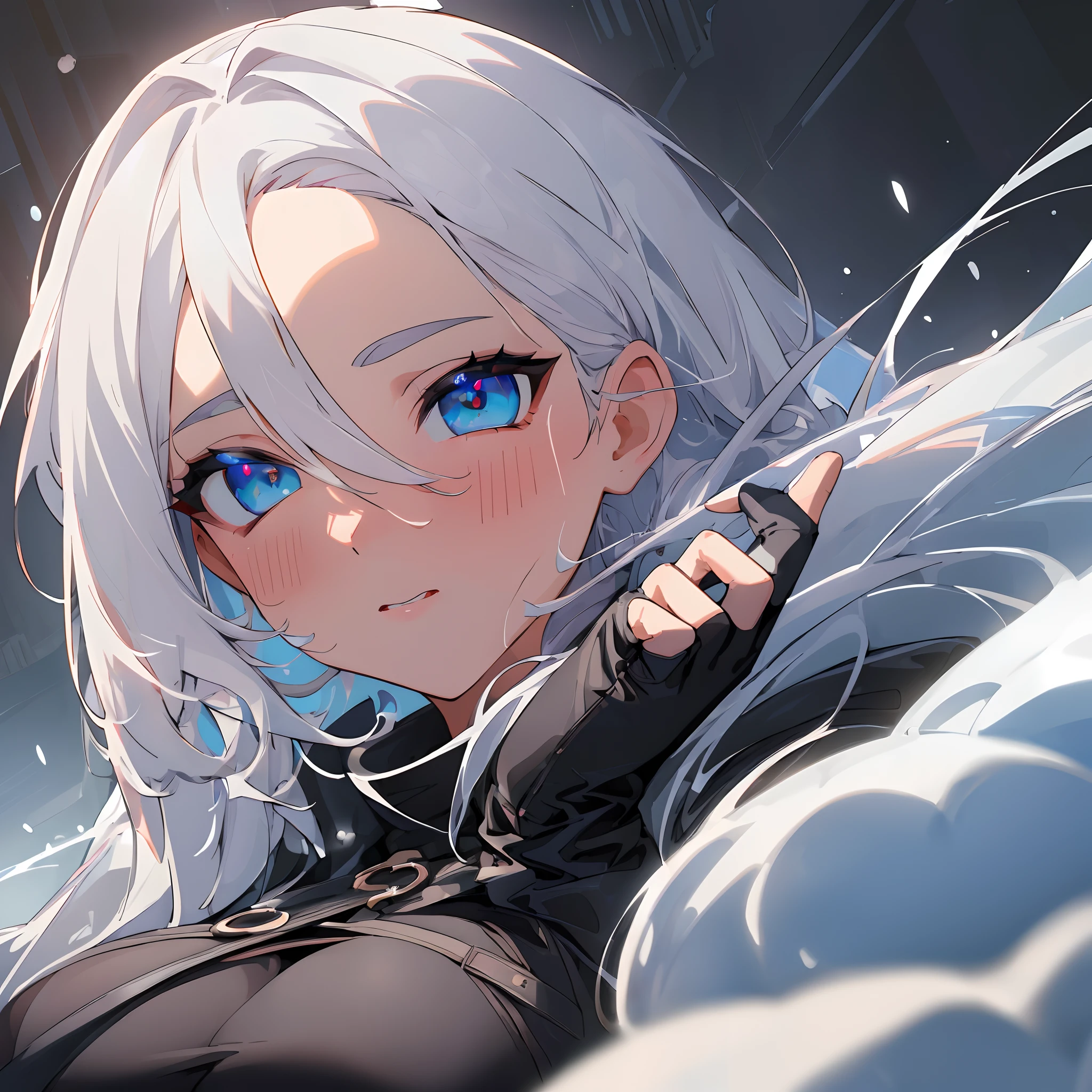 ((masterpiece)), (top quality), (best quality), (((ultra-detailed, 8k quality))),(large masterpiece digital art), ((Hyperdetailed eyes)), (detailed line art), ((perfect anatomy)), extremely detailed body, extremely detailed finger, ((best hands)), perfect face, beautiful face, (blush), expressive eyes, extremely detailed eyes, ((expressive eyes)), ((huge boobs)), (blue eyes), ((long slicked back hair)), (white hair), ((long oversized black coat)), (coat covering breasts), ((boob cleavage)), ((fingerless black gloves)), (snow)