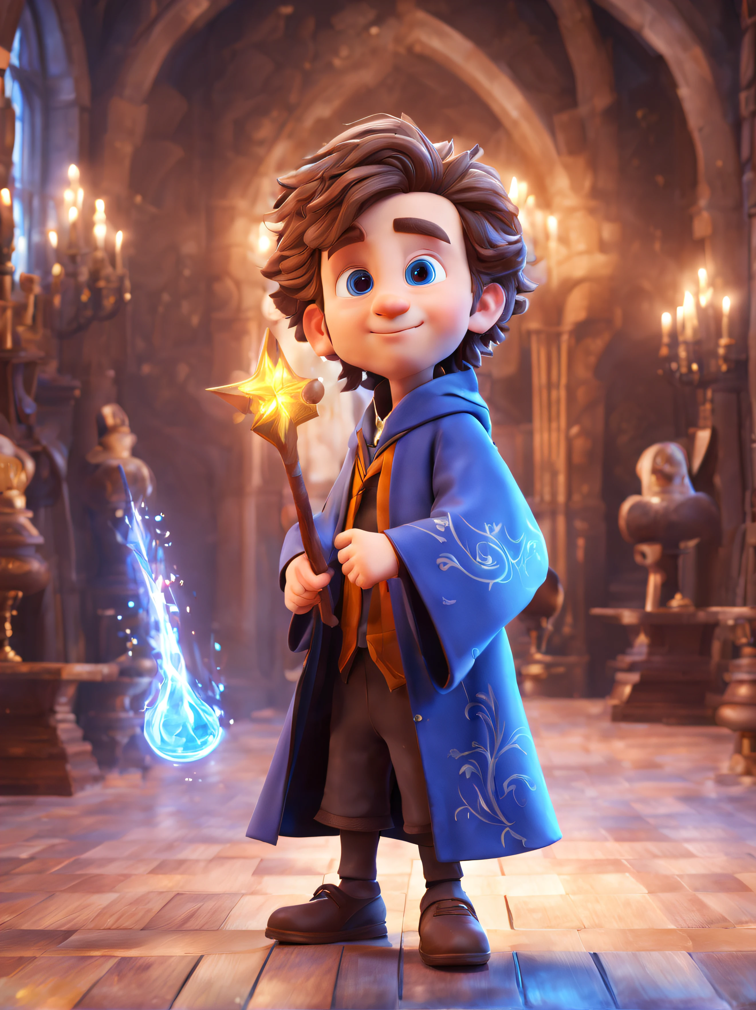 (best quality, masterpiece:1.6), 3d cartoon, cute cartoon, disney cartoon, best quality, masterpiece, of a male, dressed as a Wizard, with brown hair, with a male fantasy hairstyle, close-up, posing, In a magical academy where young wizards and witches learn their craft,, realistic, concept art, cinematic, volumetric lighting, highly detailed, 8k, beautiful eyes, blue eyes, light in eyes