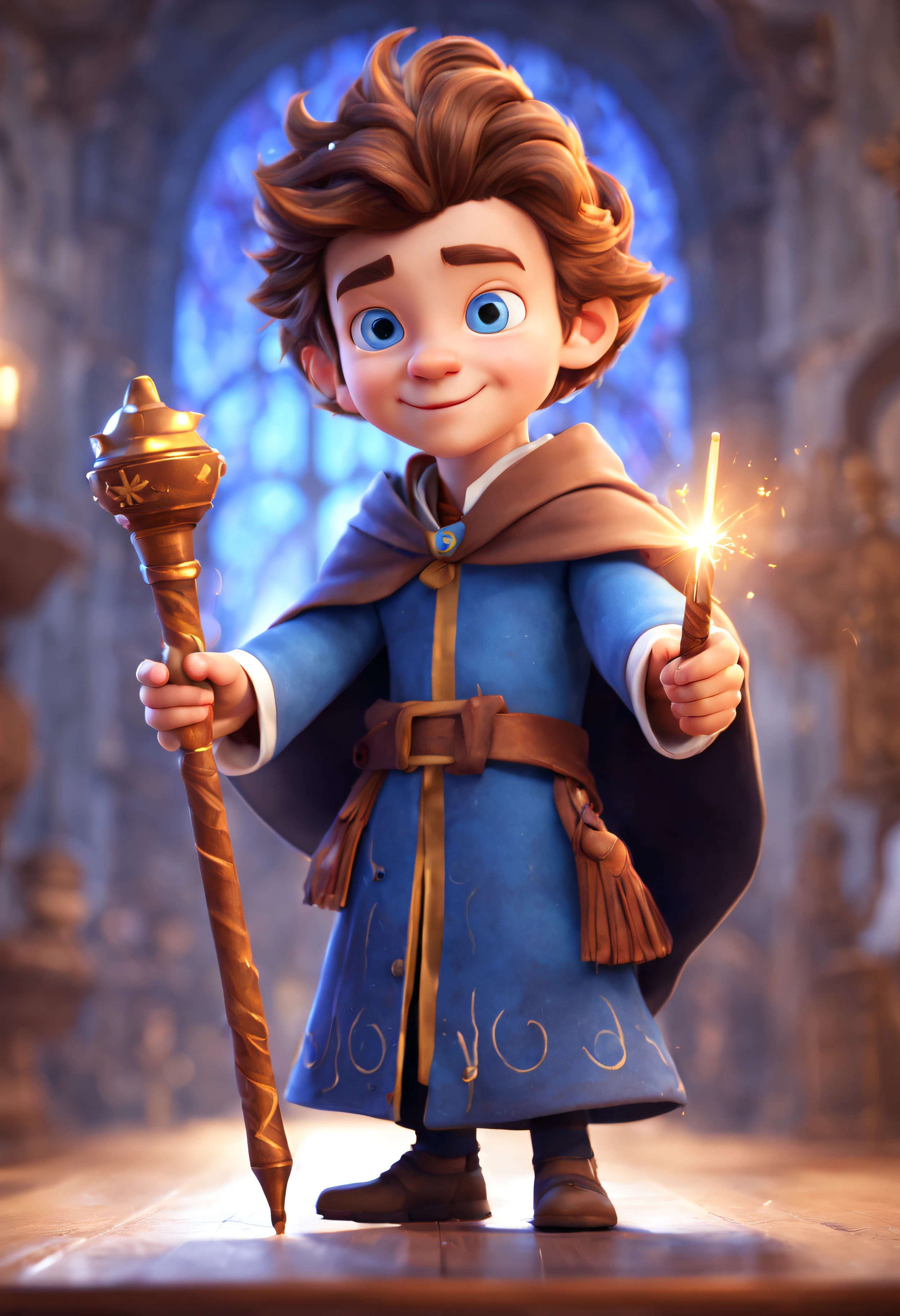 (best quality, masterpiece:1.6), 3d cartoon, cute cartoon, disney cartoon, best quality, masterpiece, of a male, dressed as a Wizard, with brown hair, with a male fantasy hairstyle, close-up, posing ((magic wand in hand:1.4)), In a magical academy where young wizards and witches learn their craft, realistic, concept art, cinematic, volumetric lighting, highly detailed, 8k, beautiful eyes, blue eyes, light in eyes