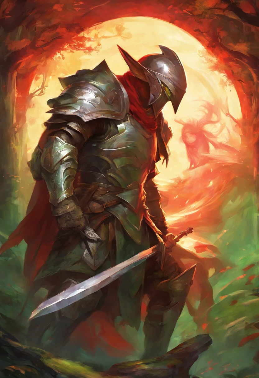 Illustrator Goblin Slayer holding the guard in the left hand and holding the sword in the right hand, (only the left eye glows red), against green ogres