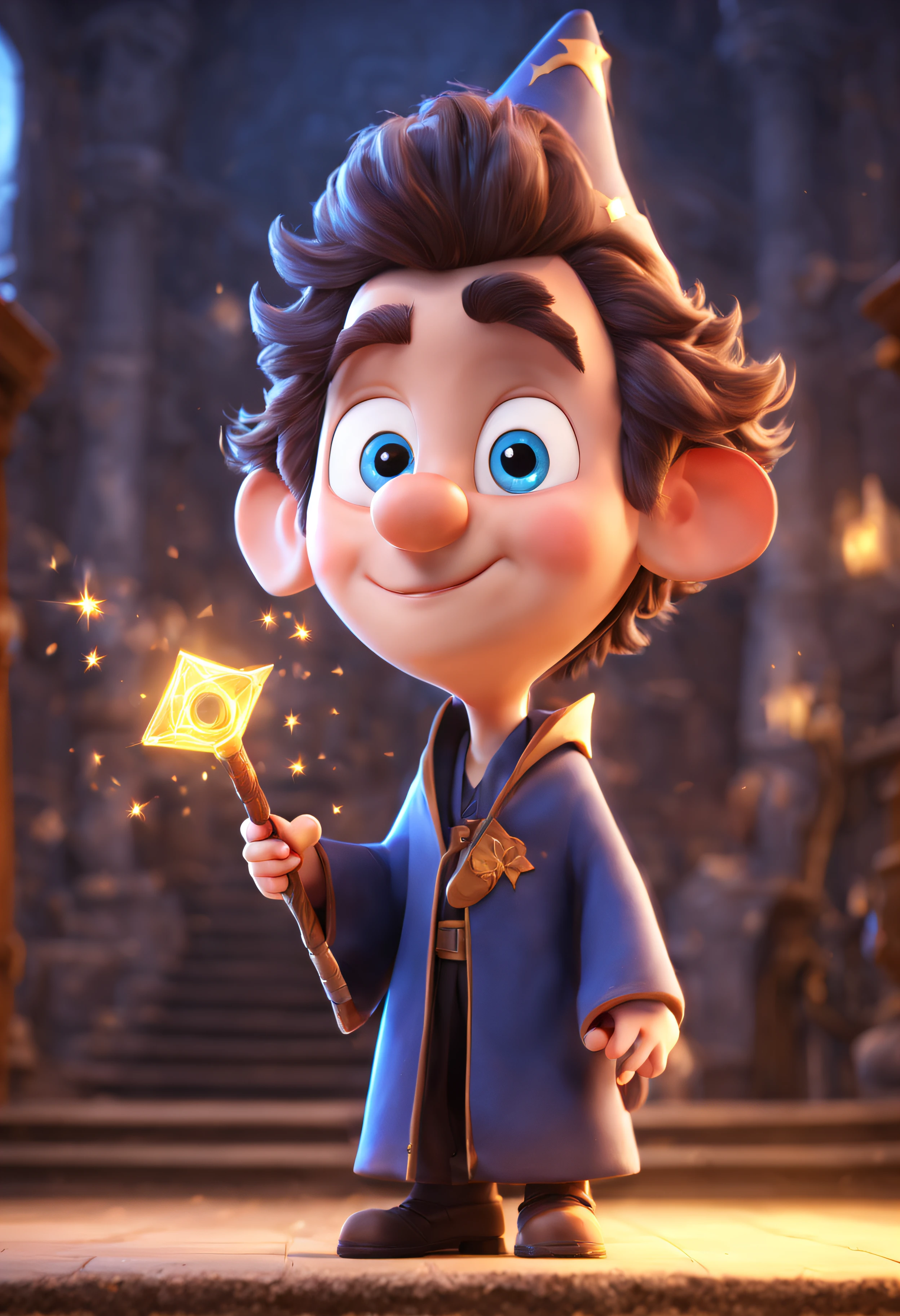 (best quality, masterpiece:1.6), 3d cartoon, cute cartoon, disney cartoon, best quality, masterpiece, of a male, dressed as a Wizard, with brown hair, with a male fantasy hairstyle, close-up, posing ((magic wand in hand:1.4)), In a magical academy where young wizards and witches learn their craft, realistic, concept art, cinematic, volumetric lighting, highly detailed, 8k, beautiful eyes, blue eyes, light in eyes