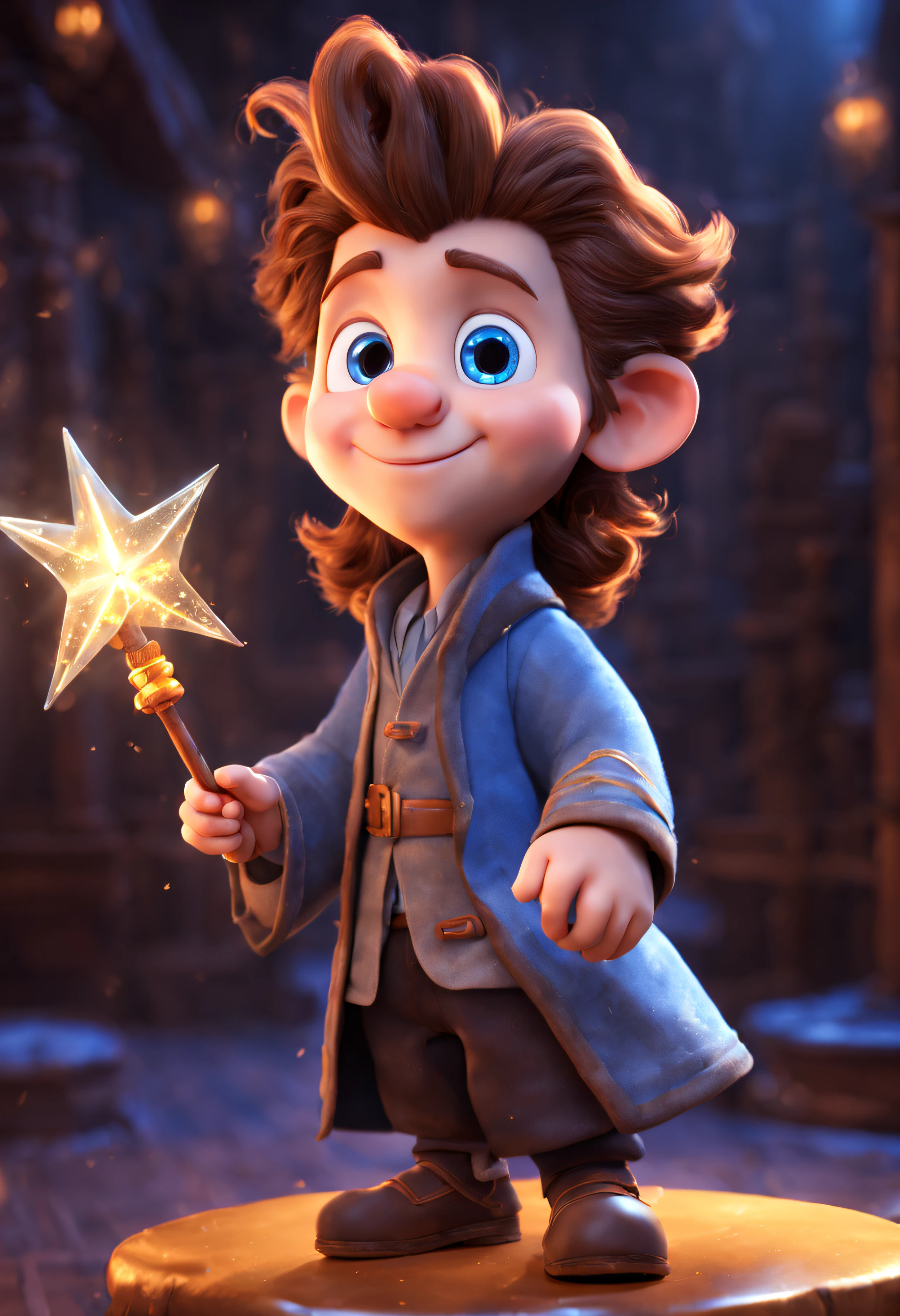 (best quality, masterpiece:1.6), 3d cartoon, cute cartoon, disney cartoon, best quality, masterpiece, of a male, dressed as a Wizard, with brown hair, with a male fantasy hairstyle, close-up, posing ((magic wand in hand:1.4)), In a magical academy where young wizards and witches learn their craft, realistic, concept art, cinematic, volumetric lighting, highly detailed, 8k, beautiful eyes, blue eyes, light in eyes