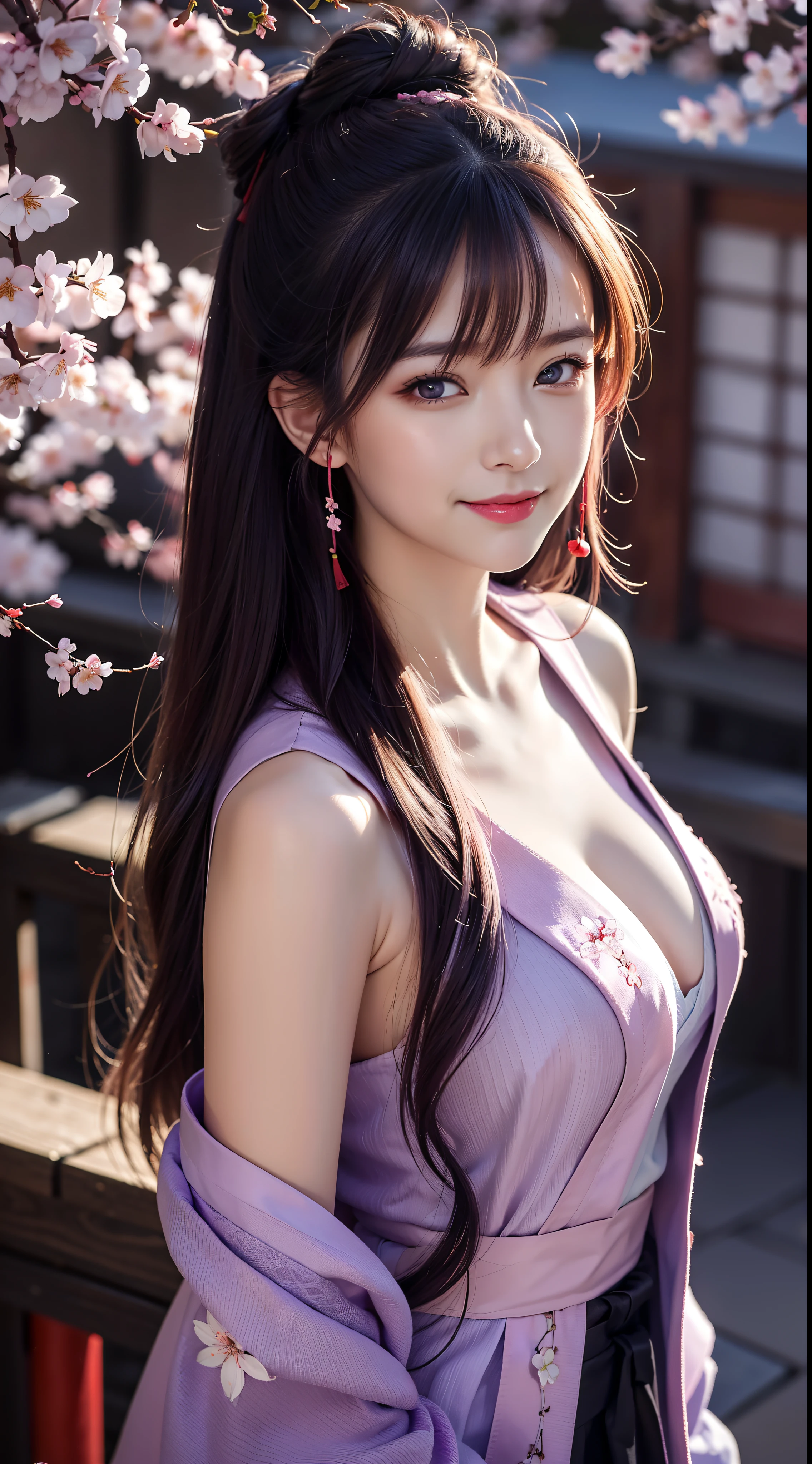 (masterpiece, Need,1girll, Solo, Intricate detail, Up view, color difference), real photo,(front), (shoulder cut), slit, Close-up, smile, Enhance sexy look,Yae Miko, Purple blue hair, purple blue highlights, purple eyes, sharp look, perfectly symmetrical figure, neon shirt, revealing jacket, sweater, leaning against the wall, Brick walls, scribbles, dim lights, alleys, looking at the viewer.((evil streaks, cleavage is seductive, big breasts are enchanting)) ,(((cherry blossom background) )), ((((Japanese cherry blossom garden background)))), (((Shine in the dark background)))