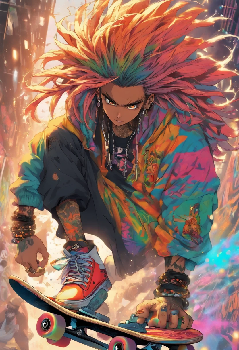 The most handsome and  skateboard man with dredlock hair and long beard, rainbow colored hair, yellow eyes, wearing hoodie, graphic t-shirt, torn skinny jeans and highly detailed skateboard gear, tons of tattoos and piercings, highly detailed background, perfect masterpiece, high quality, high resolution