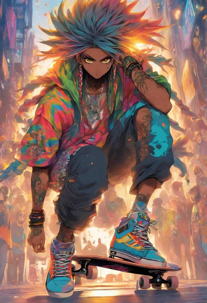 The most handsome and  skateboard man with dredlock hair and long beard, rainbow colored hair, yellow eyes, wearing hoodie, graphic t-shirt, torn skinny jeans and highly detailed skateboard gear, tons of tattoos and piercings, highly detailed background, perfect masterpiece, high quality, high resolution