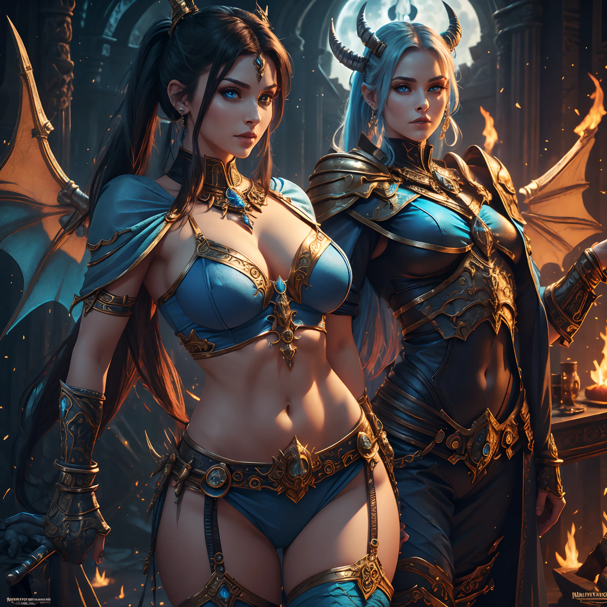 Warcraft Character, Beautiful fury Audrey Bitoni with big bare breasts, dragon, blau, light blue, mini skirt, fishnet stockings, pigtails, brawn, sports body, fitness body, golden jewelery, Skull in hand, Patterns, desert, Magic, fire, Clear Night, full moon, bright stars, Egypt, large wings, Magnificent Wings, body piercings ,letho, Magic, is beautiful, Magic, Chic, beautiful blue eyes, Sexy , skulls, a lot of details, extreme hight detail, saturated colors, Professional lighting, photo realism, Fairytale atmosphere