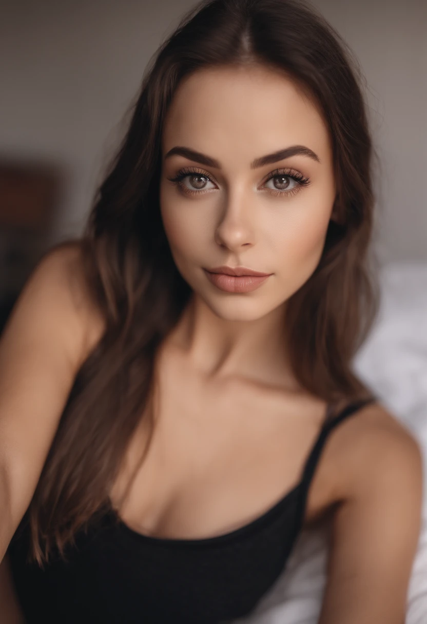 arafed woman with matching tank top and panties, sexy girl with brown eyes, portrait sophie mudd, brown hair and large eyes, selfie of a young woman, bedroom eyes, violet myers, without makeup, natural makeup, looking directly at the camera, face with artgram, subtle makeup, stunning full body shot, in bedroom, cleavage