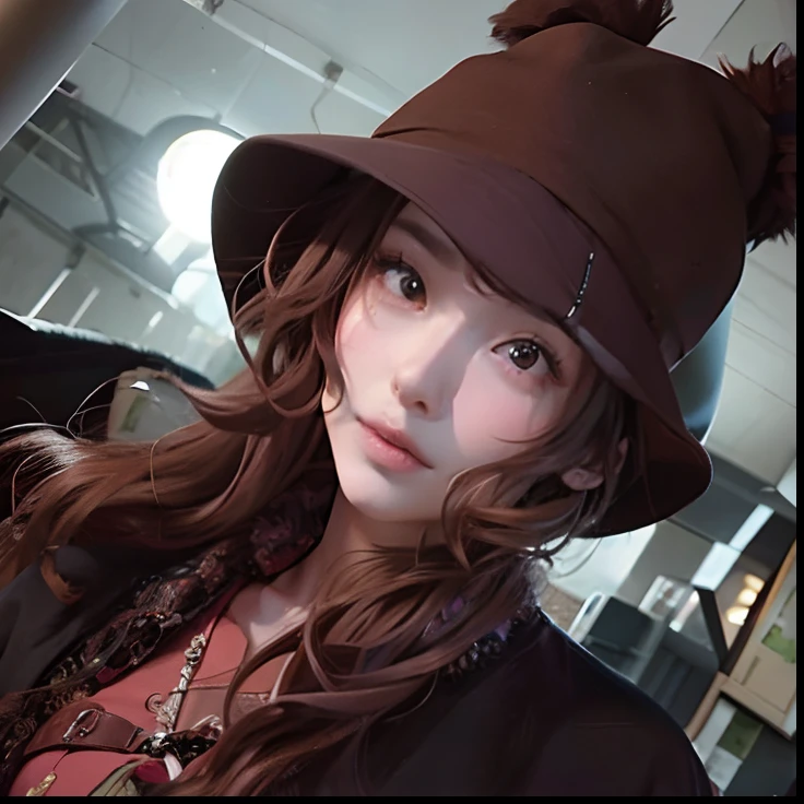 There's a long-haired, red-haired woman wearing a brown hat, ulzzang, Chica de anime en la vida real, Hermosa Delphine, Kemonomimi, Sakimichan, Rena Nounen Estilo 3/4, con orejas de conejo largas y flexibles, Jossi de Blackpink, Lalisa Manobal, Sun Yunjoo, con sombrero, # Oc, #Oc