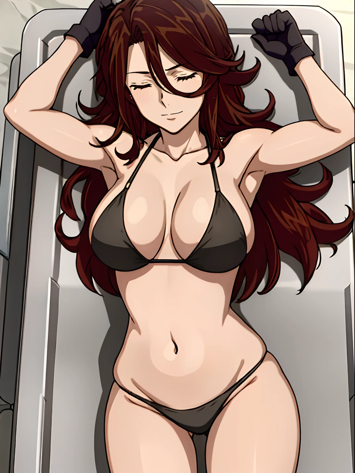Elegant lady,  anime style: 1.8, anime drawing, ultra detailed face, ultra detailed body, 4k, Sumergai Lee Noriega, ((sleeping down on stretcher, lying down on stretcher), closed eyes), best quality, anime style, hires, highest definition, digital blending, bold drawing lines, (location: beach, sunbathing), ( slim body, (little biceps), , off-shoulders, closed fists, (curvy: 2.8)), ((bikini , white gloves, armpit protector, (chaps))), victorious, winner, gentle, (pale skin, shiny skin, very big breasts, smile), (big eyes, brown eyes), (brown hair, loose hair), 27 years old,