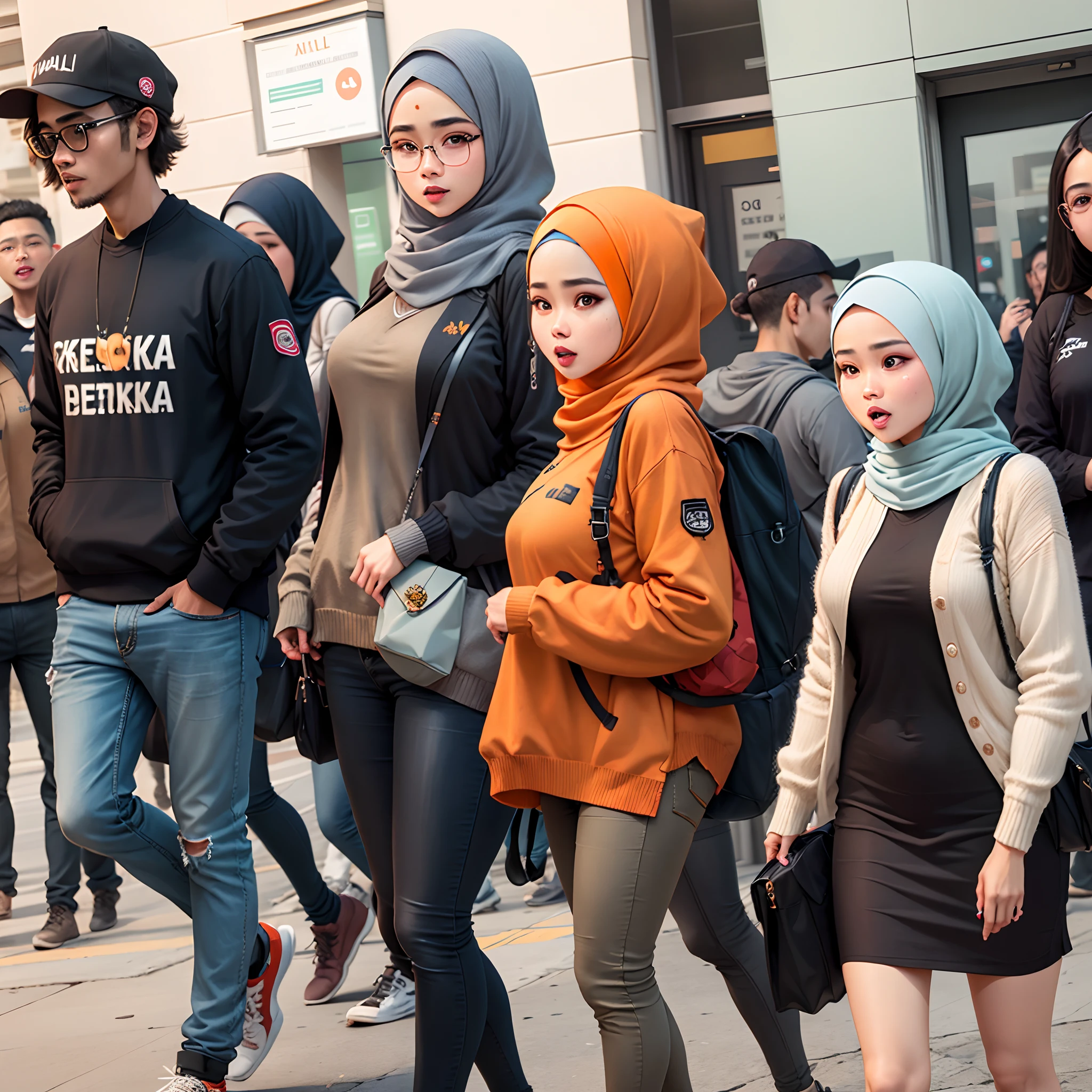 perempuan memakai kemeja orange dan berhijab khaki dengan pria berambut ikal hitam memakai sweater abu dan memakai kacamata
