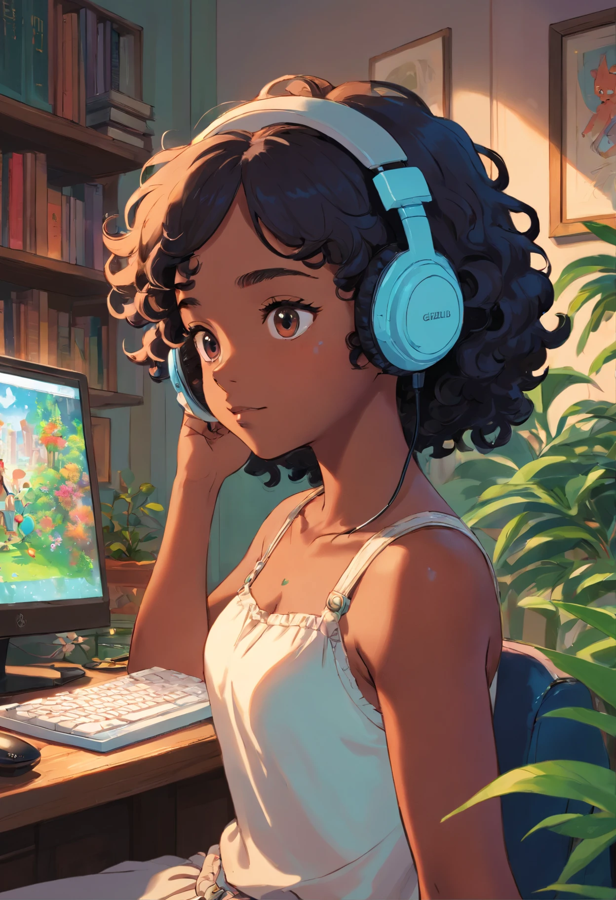 black girl with short curly wearing a gaming headset. she’s playing a game on her gaming pc. her room is cozy with lots of books and plants. she’s wearing corset outfits. She have a sad facial expression.