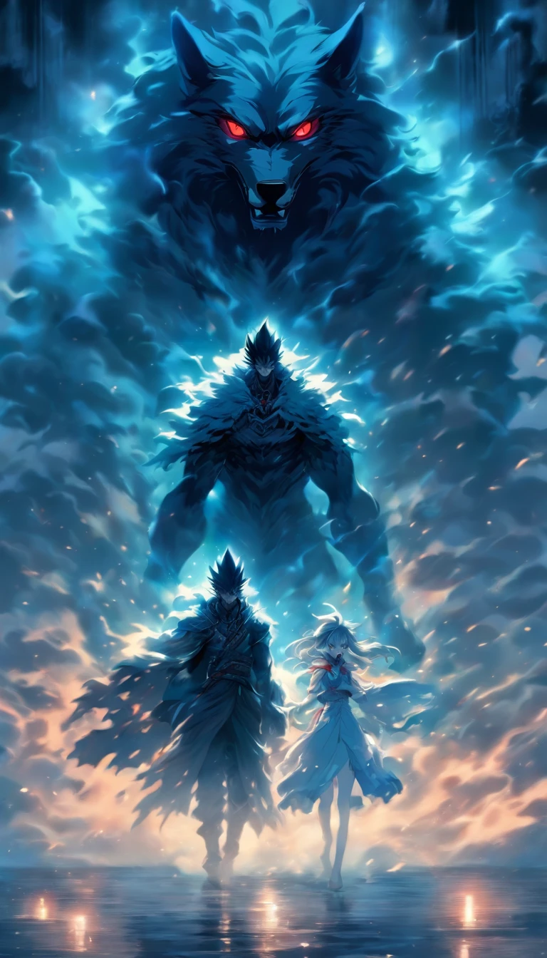 A man standing in a dark room, Two Women Emerging from the Mist, les yeux vitreux et le regard de loup, rushing towards the man with hostility, ,32K, Best quality, Masterpiece, super detail, High Details by Jidaimono Anime Style