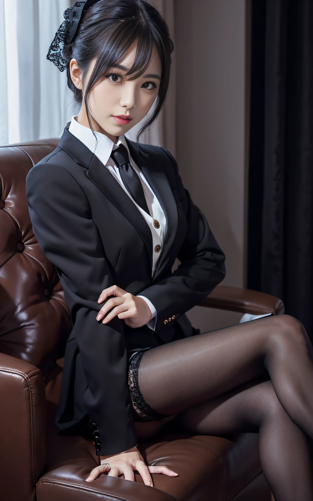 Charming beauties、black pantyhose、Suit jacket、Black tight skirt、beauty legs、Dyed in darkness、lacy fabric、Brainwashing makeup