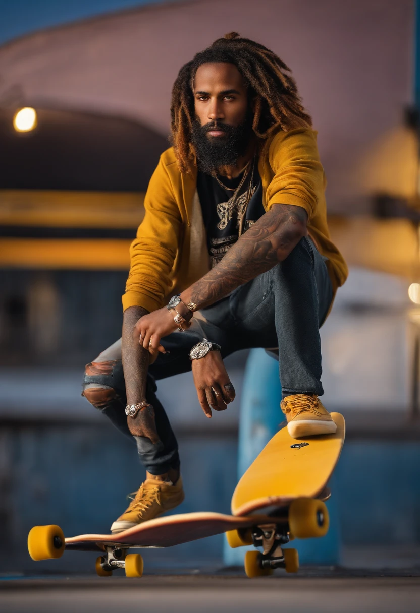 The most handsome and skateboard man with dredlock hair and long beard, rainbow colored hair, yellow eyes, wearing hoodie, graphic t-shirt, torn skinny jeans and highly detailed skateboard gear, tons of tattoos and piercings, highly detailed background, perfect masterpiece, high quality, high resolution Ethiopian boy