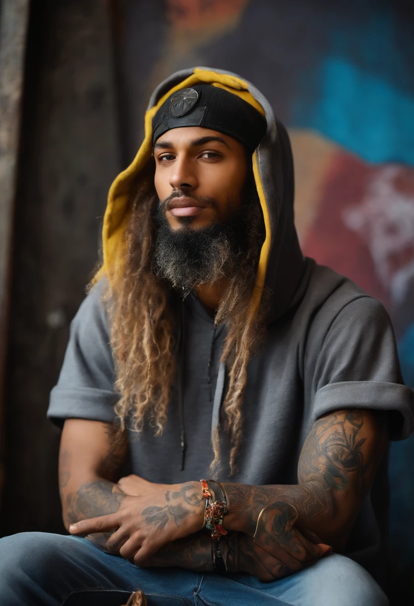 The most handsome and skateboard man with dredlock hair and long beard, rainbow colored hair, yellow eyes, wearing hoodie, graphic t-shirt, torn skinny jeans and highly detailed skateboard gear, tons of tattoos and piercings, highly detailed background, perfect masterpiece, high quality, high resolution Ethiopian boy