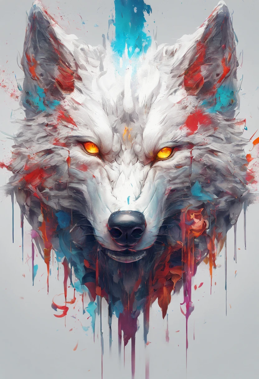 Splash art, a wolf head, ((white background)), piercing eyes, epic Instagram, artstation, splash style of colorful paint, contour, hyperdetailed intricately detailed , unreal engine, fantastical, intricate detail, splash screen, complementary colors, fantasy concept art, 8k resolution, deviantart masterpiece, oil painting, heavy strokes, paint dripping, splash arts