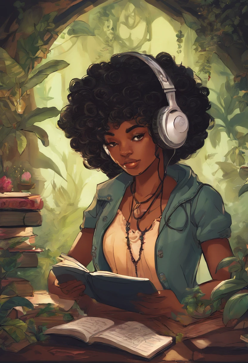 black girl with short curly wearing a gaming headset. she’s playing a game on her gaming pc. her room is cozy with lots of books and plants. she’s wearing corset outfits. She have a sad facial expression.