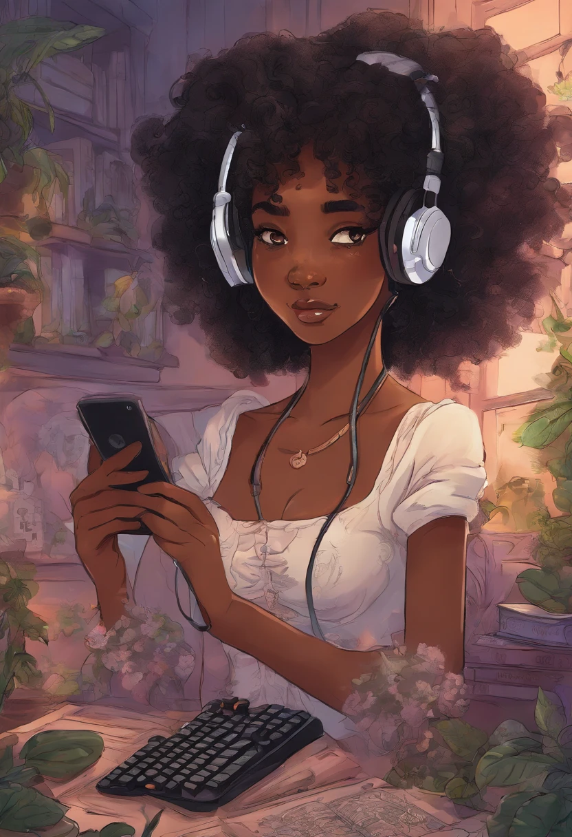 black girl with short curly wearing a gaming headset. she’s playing a game on her gaming pc. her room is cozy with lots of books and plants. she’s wearing corset outfits. She have a sad facial expression.