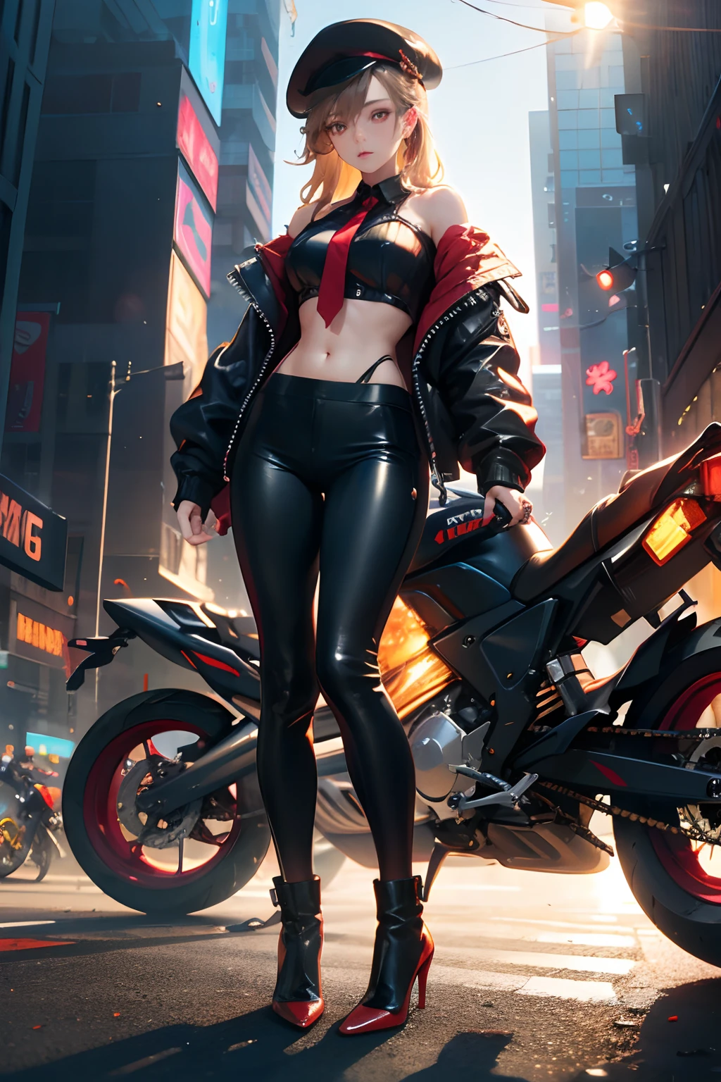 {{​masterpiece,Best Work}},top-quality,Ultra-detailed CG Unity,8k wallpaper,lensflare, (Detailed beautiful eyes),Eyes looking down,Particle,Light brown long hair,Cool Face,Orange Eyes,Big,Bursting milk,abdominals,Oversized off-the-shoulder jacket in black and red,Black sleeveless shirt,red necktie,Black leather pants,Black beret,(perfectbody),Mechanical Bikes,(Large Motorcycles),Cyberpunk cityscape,cyberpunked,A sexy,high heels boots.