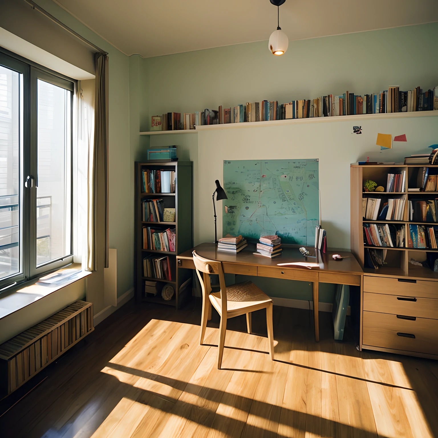 A room in an apartment,(walls,frontage),(desk,Left Side),(window,kanan),(Beds,Laying with paper and books)