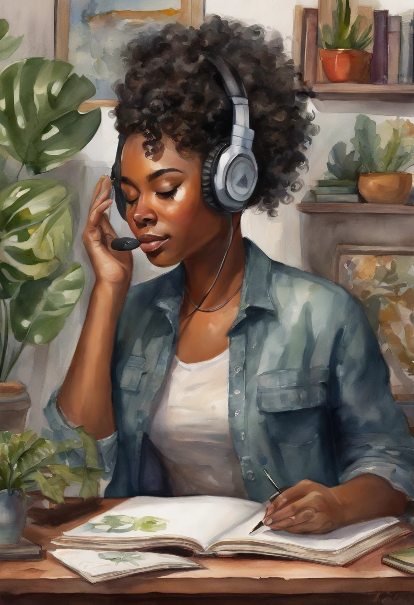 black girl with short curly wearing a gaming headset. she’s playing a game on her gaming pc. her room is cozy with lots of books and plants. she’s wearing corset outfits. She have a sad facial expression.