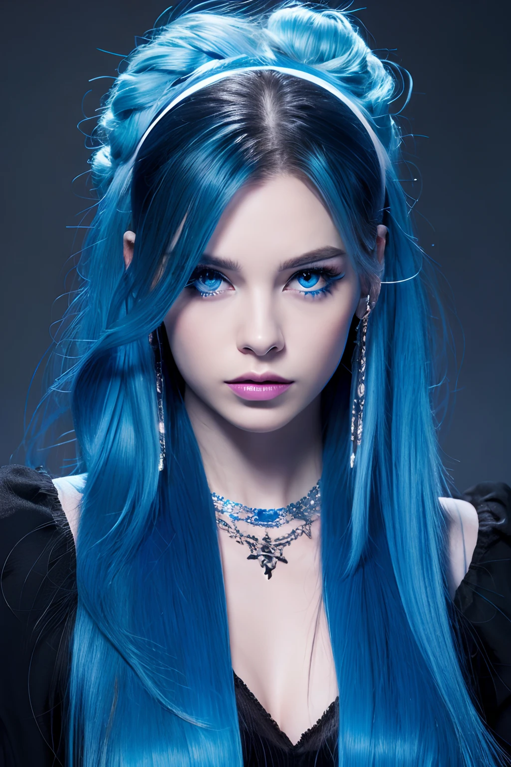 Face Barbara Palvin、Real Women、Longhaire、Blue hair、Blue eyes、Tattoos on the body、Piercings in both ears、necklace on neck、Black background、