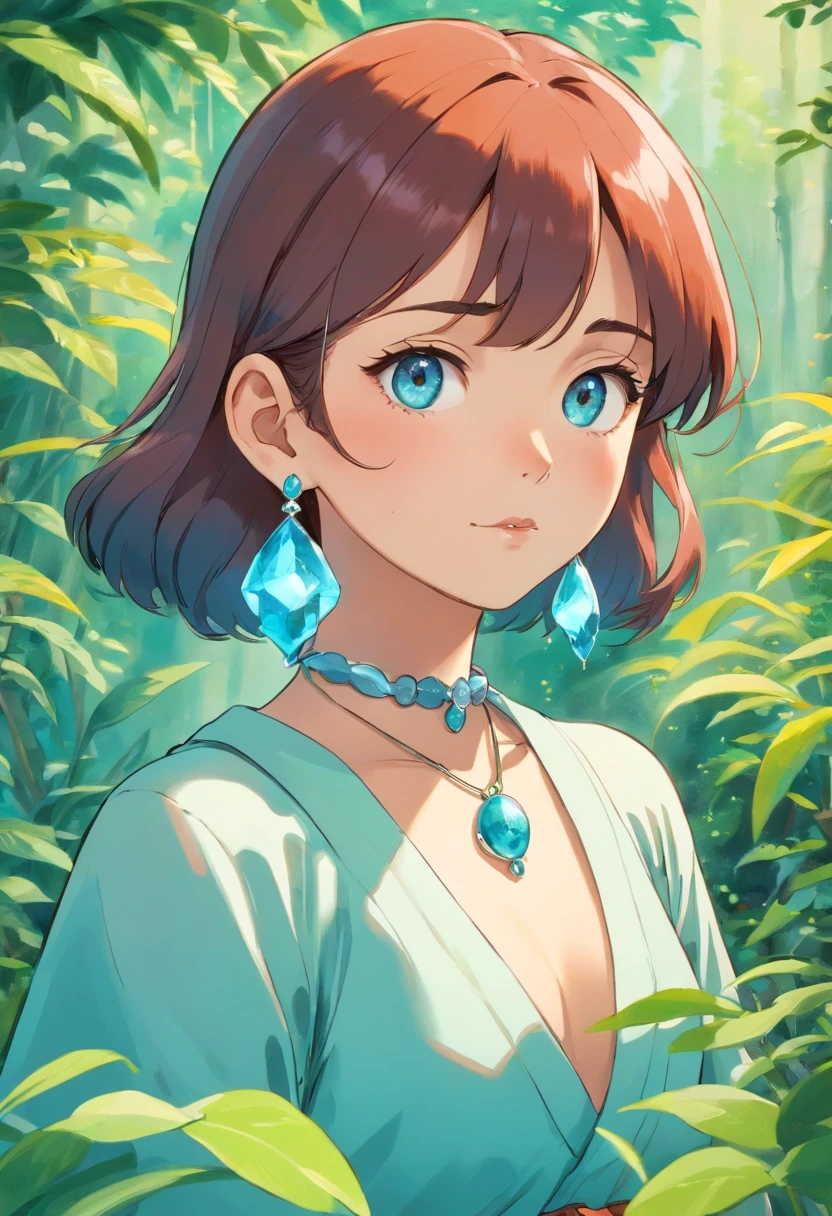 a girl wearing an anime collar, a long necklace and earrings, in the style of tranquil gardenscapes, colorful animation stills, masami teraoka, aquamarine, paul gauguin, Embry style, honest portrayal