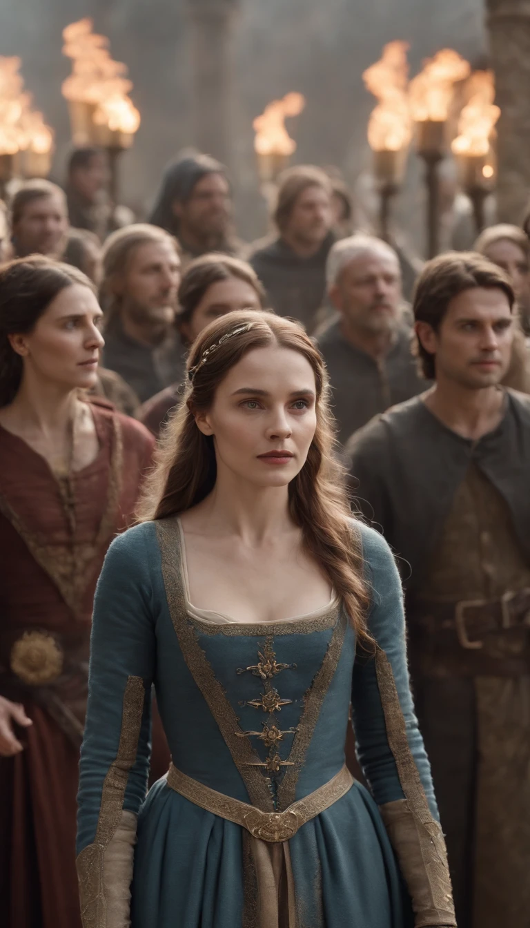 a woman in a medieval dress standing in front of a crowd of people, afterlife, after life, anti life, style of arcane tv series, after all, after a battle, style arcane tv series, altered carbon style, aftermath, after effects, live action movie, alfredo and the afterlife, life after the plague, series on netflix, live action film