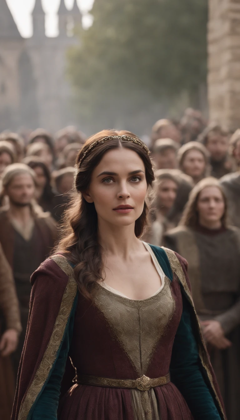 a woman in a medieval dress standing in front of a crowd of people, afterlife, after life, anti life, style of arcane tv series, after all, after a battle, style arcane tv series, altered carbon style, aftermath, after effects, live action movie, alfredo and the afterlife, life after the plague, series on netflix, live action film