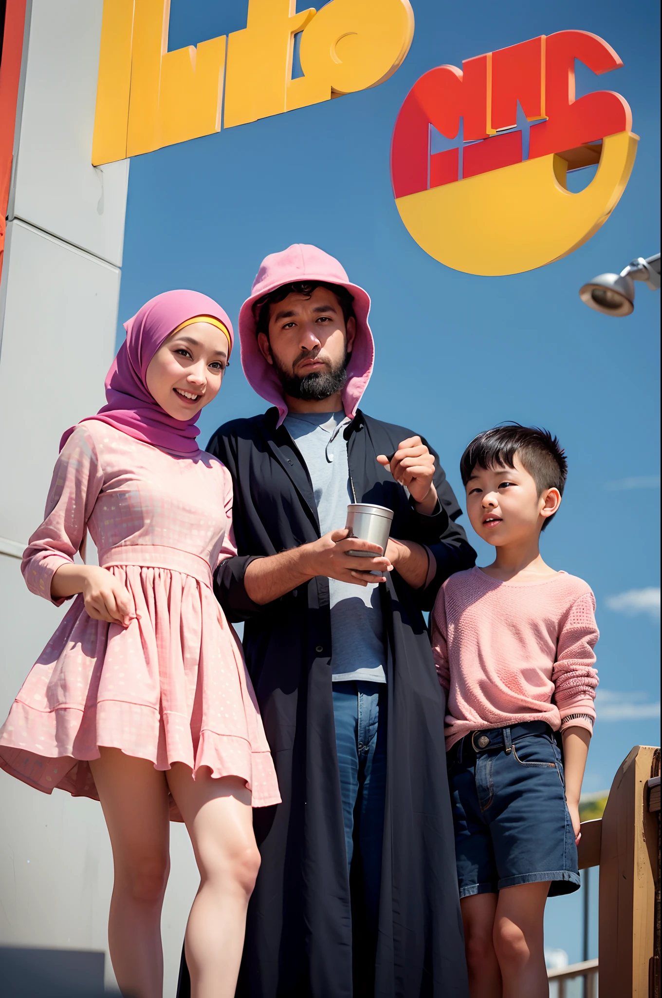 disney pixar poster, a couple hijab girl wearing dress pink and a tall boy with slanted eye and short hair