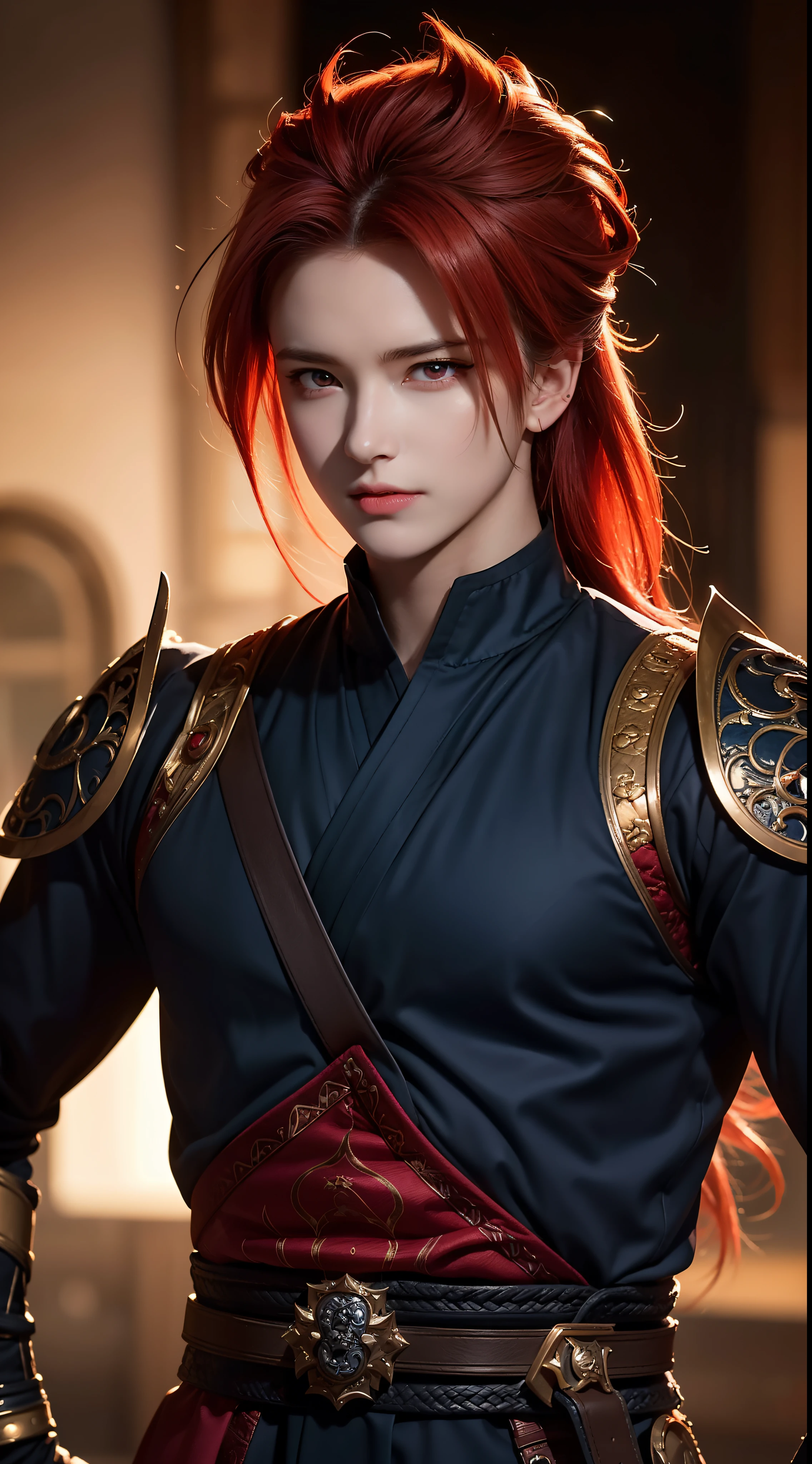 An 8k masterpiece, highest resolution, every detail, meticulous detail, depth of field, bright colors, beautiful composition: stunning take on an anime character Gohan with brilliant red hair and beautifully detailed glowing eyes, standing against a dark and ominous background. This handsome demon slayer is the epitome of bad guys in the world of fantasy art.