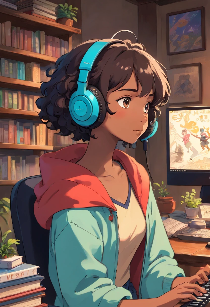 black girl with short curly wearing a gaming headset. she’s playing a game on her gaming pc. her room is cozy with lots of books and plants. she’s wearing corset outfits. She have a sad facial expression. her ears are pierced with beautiful earrings. put a sign that says clersims. she’s beautiful and elegant.