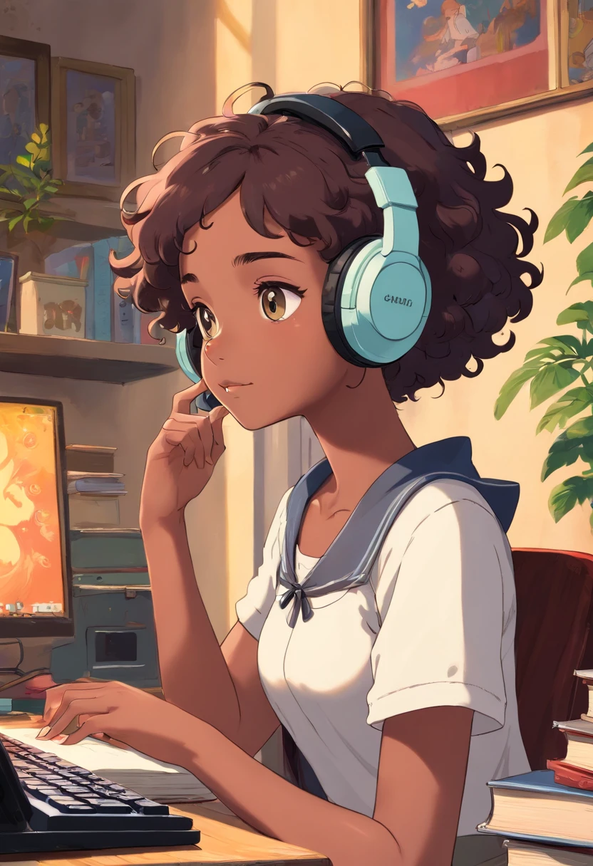 black girl with short curly wearing a gaming headset. she’s playing a game on her gaming pc. her room is cozy with lots of books and plants. she’s wearing corset outfits. She have a sad facial expression. her ears are pierced with beautiful earrings. put a sign that says clersims. she’s beautiful and elegant.