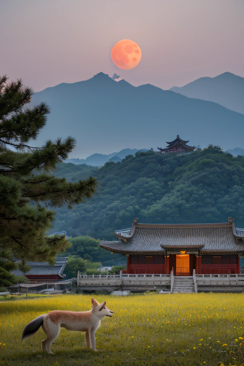 The fifteenth day of the first month of China，Northeast rural architecture earthen house in the lower right corner of the figure in the distance，In the middle of the picture is a nine-tailed fox with a bewitching face, kneeling on the ground and worshiping the moon，In the upper left corner is a large red moon